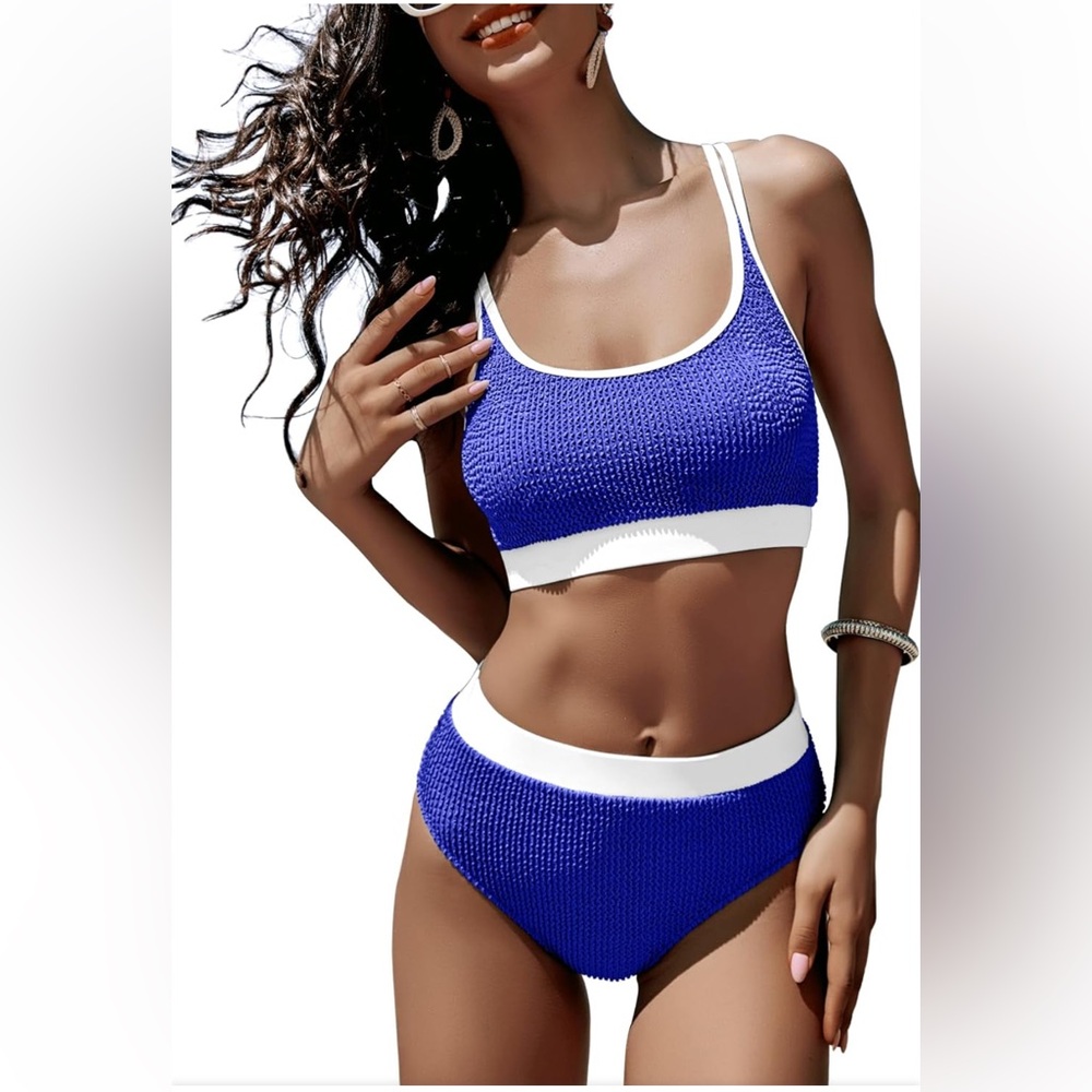AngiMelo Womens High Waisted Bikini Sets Ribbed Color Block Swimsuit New